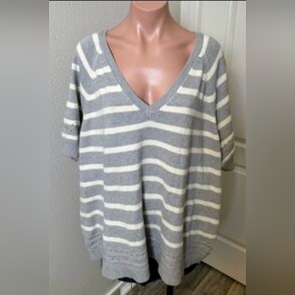 Lane Bryant Gray and Cream Striped V-Neck Top - Picture 6 of 6